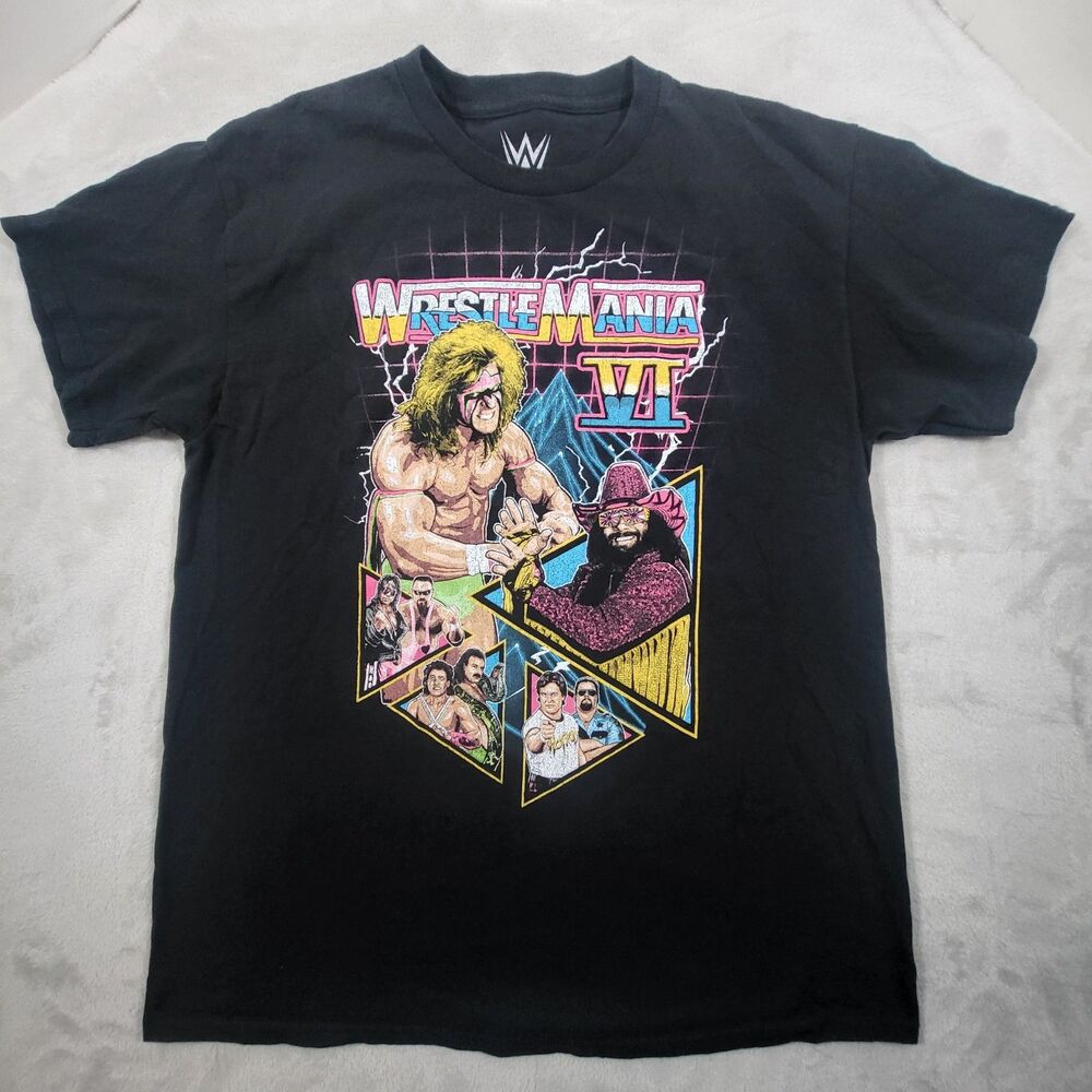 WWE WrestleMania VI Retro Graphic Shirt Mens L Black Ultimate Warrior Macho Man